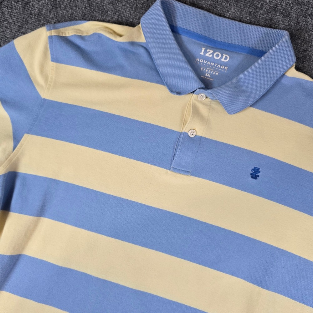 IZOD Advantage Performance Polo Shirt Mens XXL Blue Yellow Striped Stretch